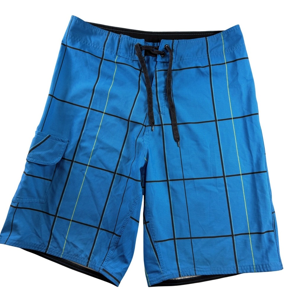 Burnside Mens Blue Plaid Board Shorts Swim Trunks Size 30 ASBA9331A Pocket